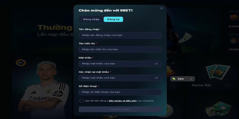 Thao tác đăng ký 9bet đơn giản cho người mới