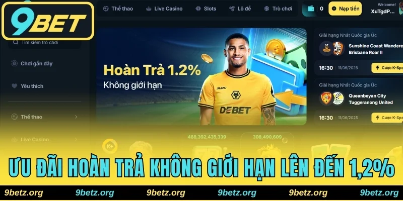 Nhận Ưu Đãi Hoàn Trả Không Giới Hạn Tại 9bet Lên Đến 1,2%